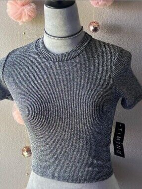 Timing Boutique Silver Ribbed Crewneck Crop Top - Silver & Black